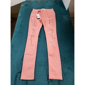 Soho Babe Jeans Sz 1 Womens Pink Mid Rise Skinny Distressed Stretch Ladies NWT